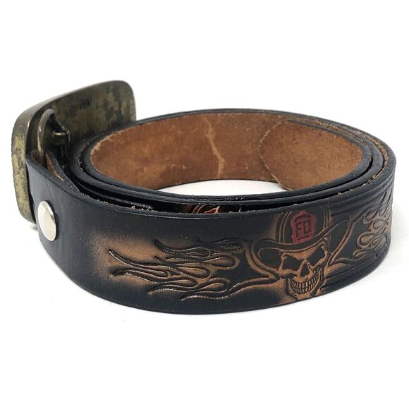 VTG Brass Skull FD Helmet Buckle Embossed Belt Mens 38 Black Leather Fire Dept - Picture 2 of 12